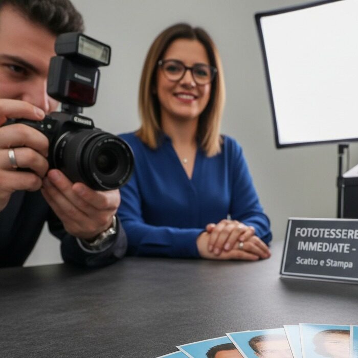 Un fotografo scatta una foto a una cliente in studio, mentre sul bancone in primo piano sono disposte diverse fototessere stampate.