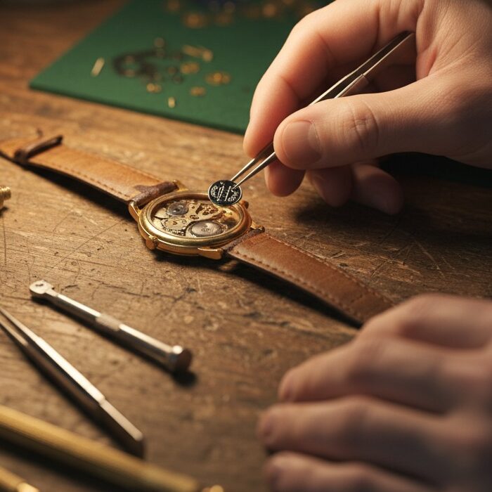 Un orologiaio usa le pinzette per posizionare un piccolo componente all'interno di un orologio con cinturino in pelle su un tavolo di legno.